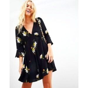 Free People Time On My Side Mini Wrap Dress Black Floral Boho SMALL #OB770151